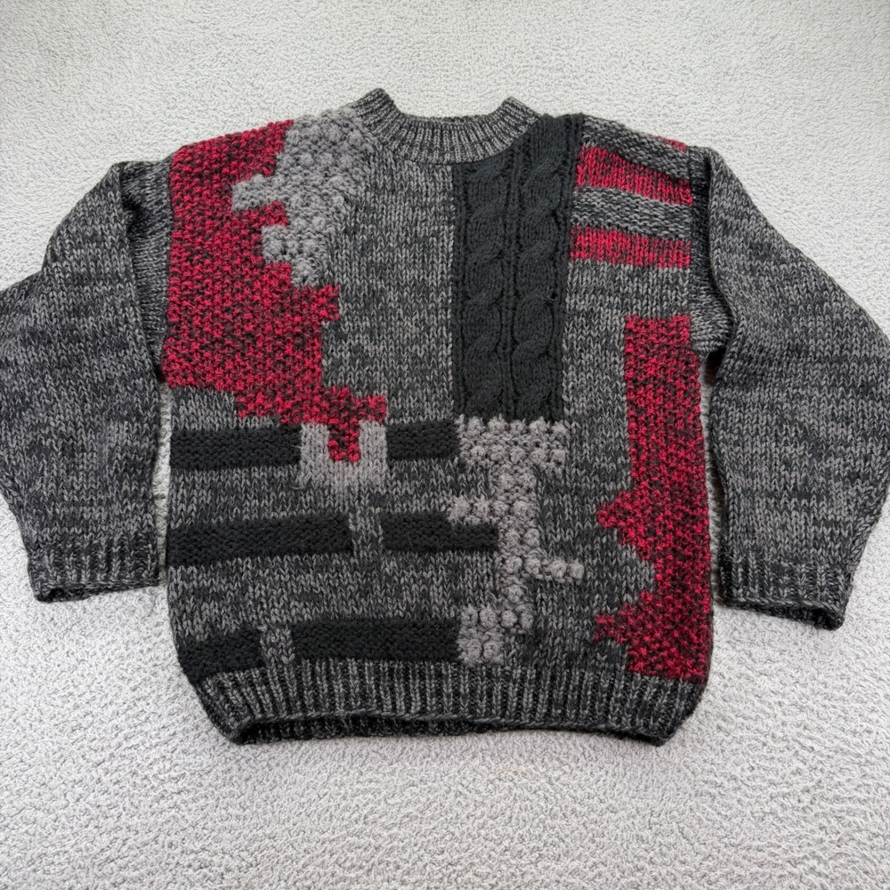 Street Scenes Vintage 90s Abstract Knit Sweater Mens Large Grey Black Red Chunky